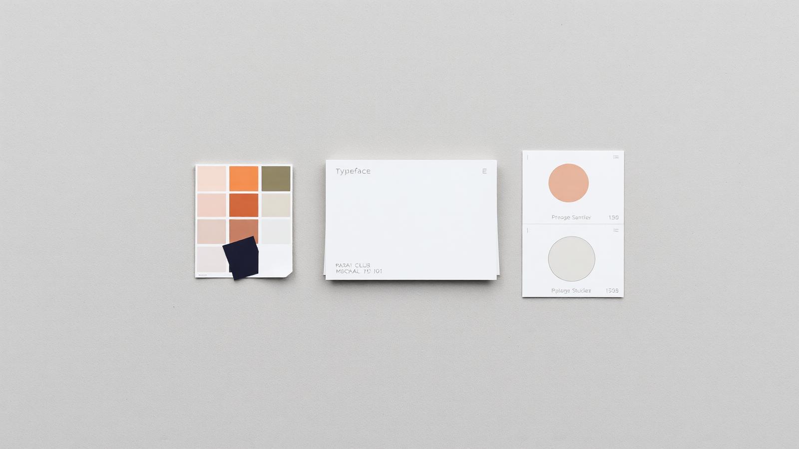 Flat lay of brand identity elements — color swatches, a typeface specimen card, and geometric shape studies on a neutral surface.