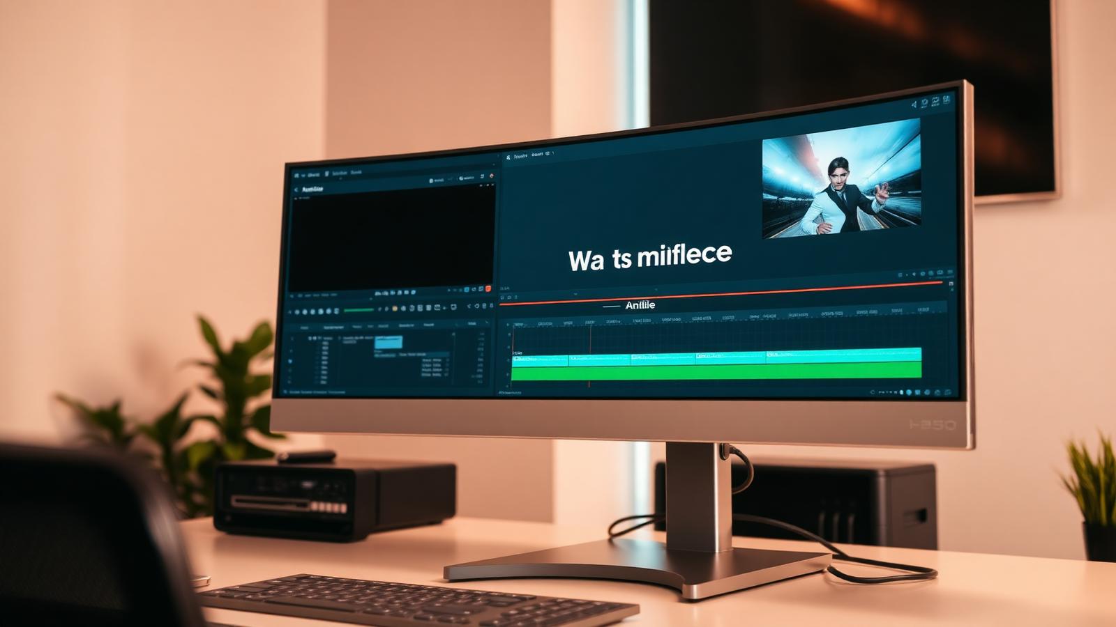 Video editor's monitor showing a motion graphics timeline with an animated title card and lower-third name bar.