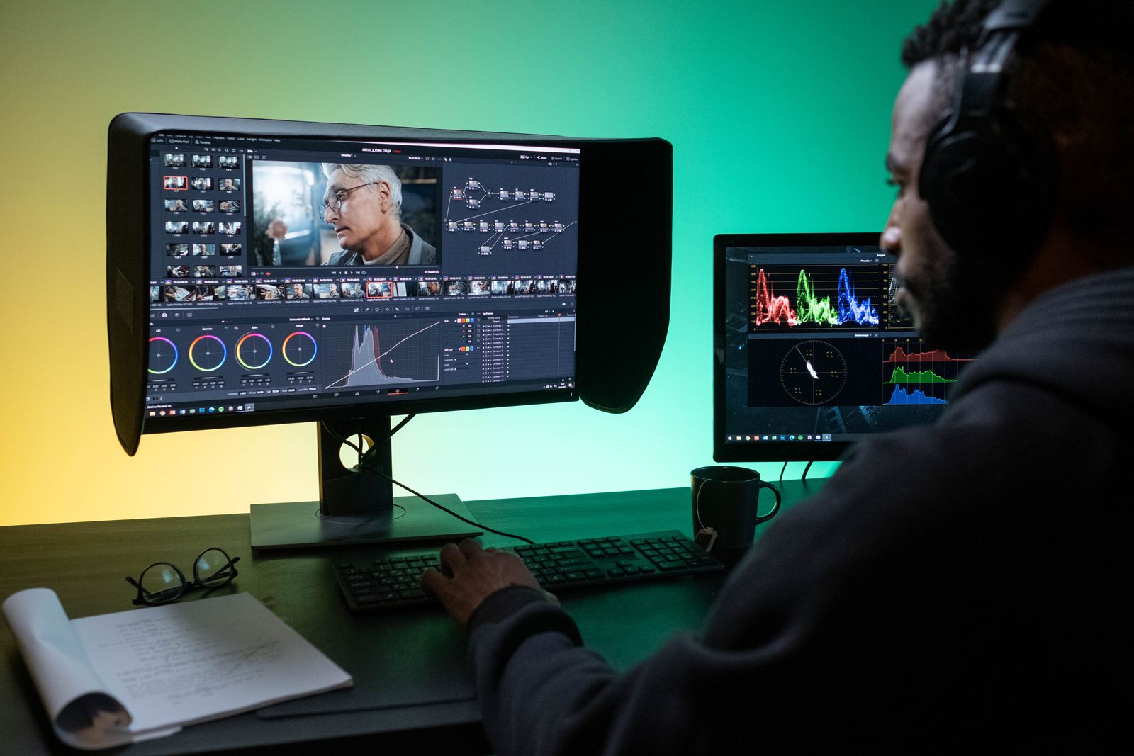 Man editing video footage on dual monitors in a modern studio, with the timeline visible on screen.